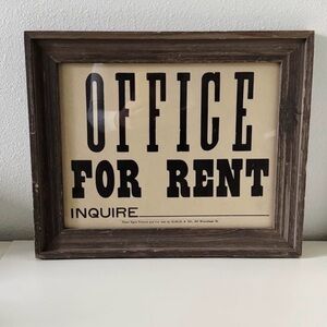 Vintage framed OFFICE FOR RENT sign by HOELZL & CO., Milwaukee WI